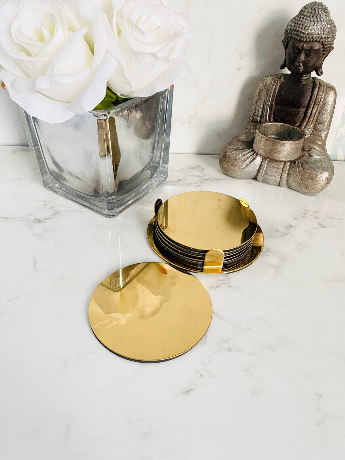 Brass-Colour Coasters with Holder 8.5cm – Stylish Drink Mats Set of