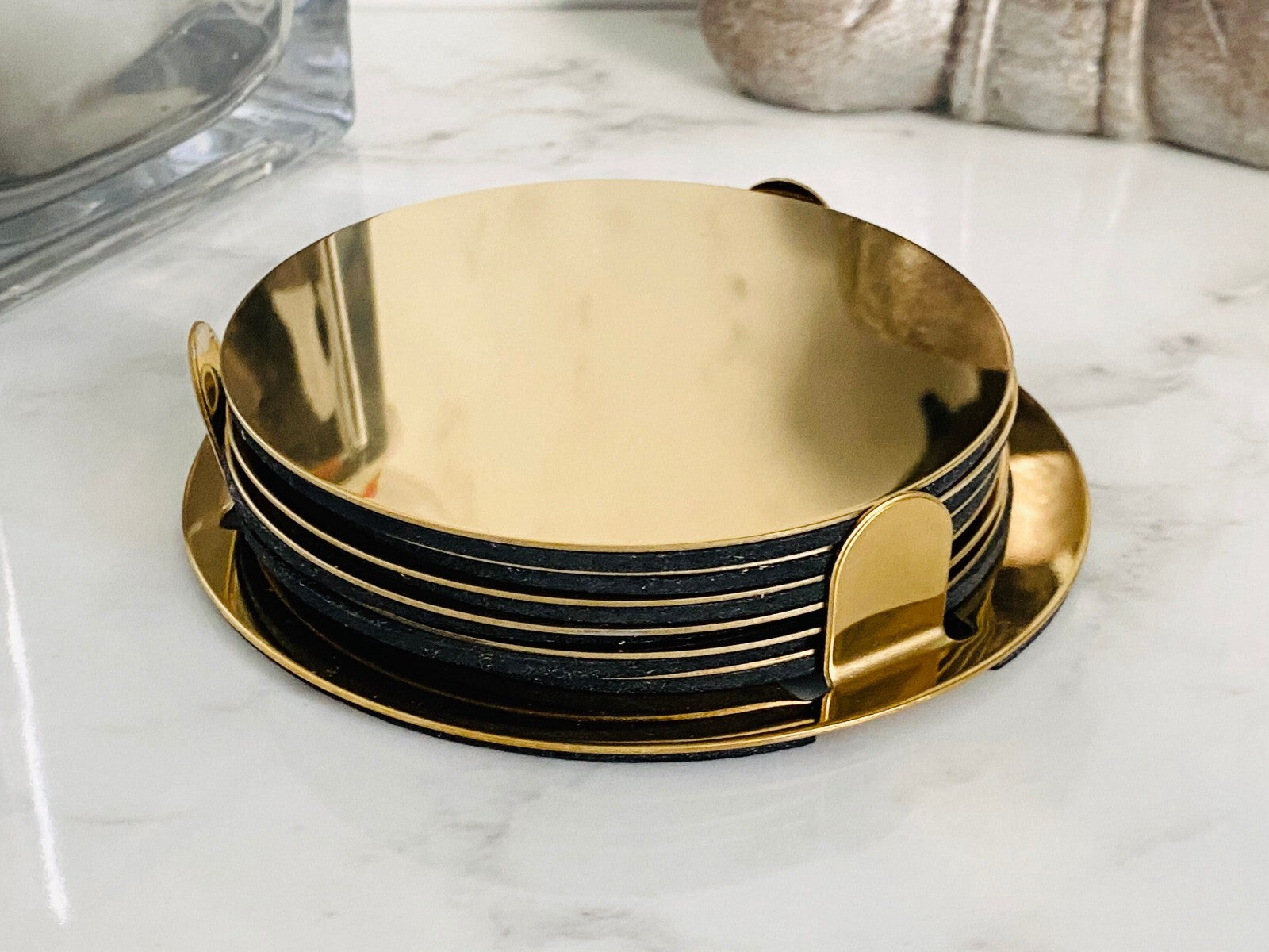 Brass-Colour Coasters with Holder 8.5cm – Stylish Drink Mats Set of