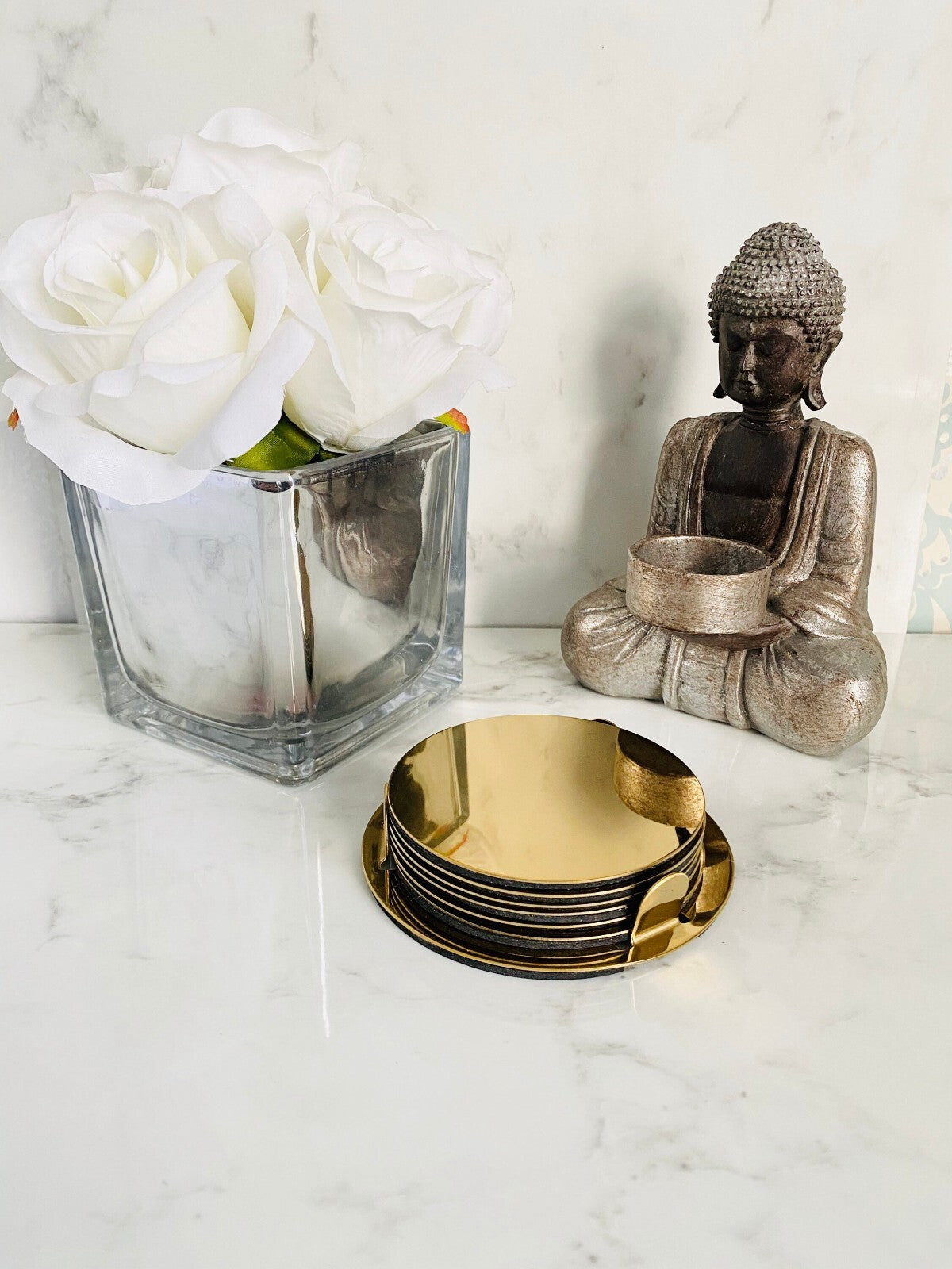 Brass-Colour Coasters with Holder 8.5cm – Stylish Drink Mats Set of